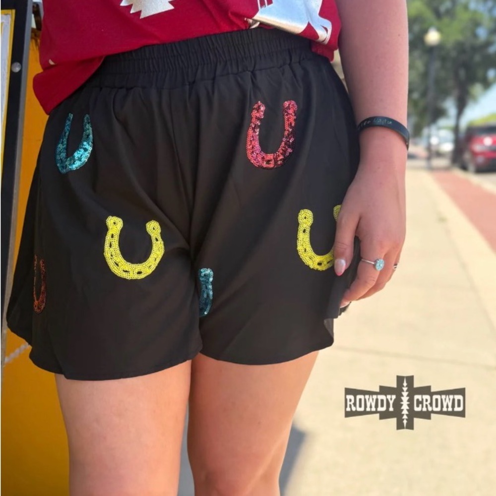 Rowdy Crowd Black Sequin Horseshoe Women's Athletic Shorts